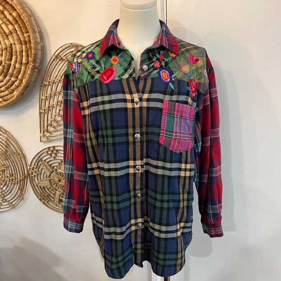 Tops - Vintage Patchwork Plaid Embroidered Shirt Cotton Button Up L Boho Western